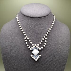 Vintage Milk Glass Soft Blue Rhinestone Necklace Choker Unsigned